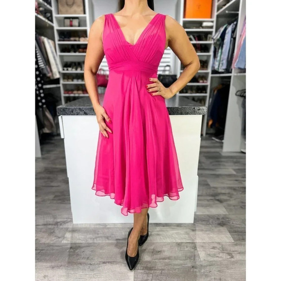 L.K. Bennett Magenta Pink Chiffon Barbiecore Midi Dress $410 - Picture 3 of 12